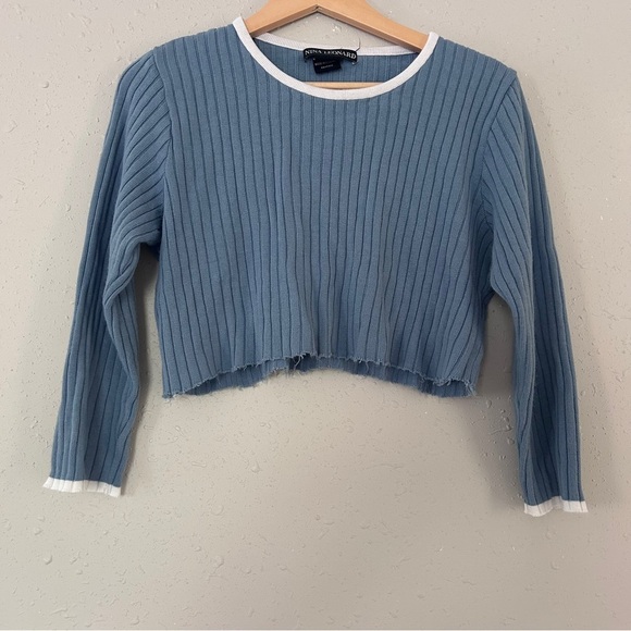 Nina Leonard Blue Ribbed Cropped Sweater Retro Vintage Casual Large - Picture 1 of 5